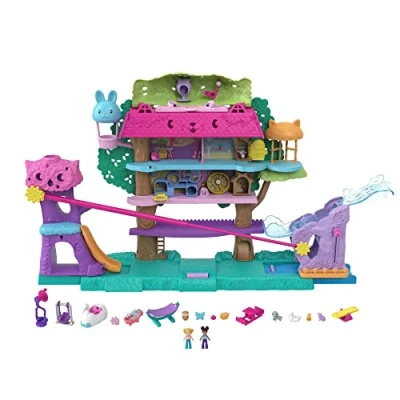 Afbeelding van Polly Pocket Pollyville boomhuisset, minifiguren en Shani, 5 etages, dieren, accessoires, speelgoed voor kinderen, vanaf 4 jaar, HJJ98