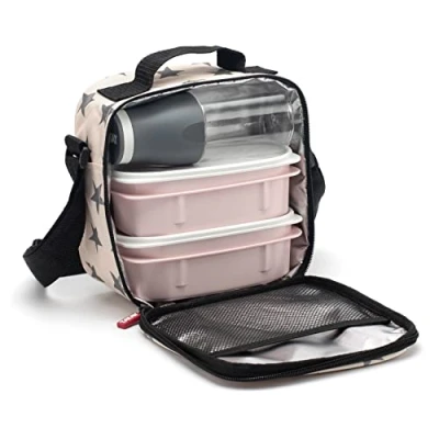 Afbeelding van TATAY Kleine koeltas van 3 liter met 2 luchtdichte voorraaddozen (2 x 0,5 l) en 1 herbruikbare fles 400 ml, roze sterren, afmetingen: 22,5 10 22 cm
