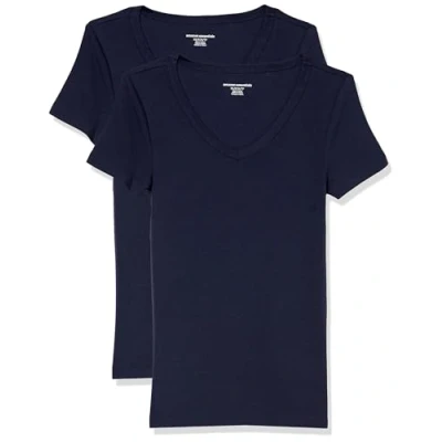 Image de Amazon Essentials T Shirt Col en v à Manches Courtes Coupe Ajustée Women&#039;s, Pack of 2, Bleu Marine, L