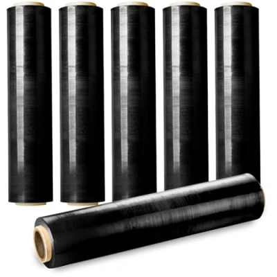Afbeelding van Set van 6 rekbare folie, zwart, ondoorzichtig, breedte 40 cm, voor pallet en pakketten, rol 150 m tot 200 m, 23 micron, zelfklevende kunststoffolie, bescherming verhuizingen, dozen, meubels