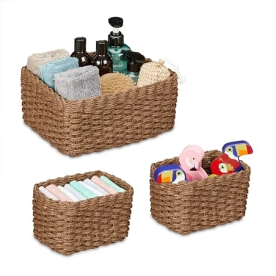 Afbeelding van Relaxdays opbergmand gevlochten 3 stuks manden set badkamer organizer papiertouw