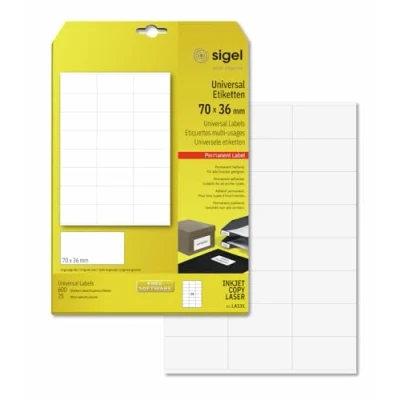 Afbeelding van Etiket Sigel ILK 70x36mm wit doos 25 vel 24 et. per