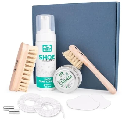 Afbeelding van SULPO Shoe Clinic Schoenreinigingsset, sneakerreiniger, reinigingsset voor witte schoenen, schoenpoets met schoenpoetsborstels en reparatieaccessoires, Wit