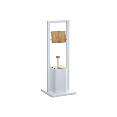 Afbeelding van TOILETROLHOUDER STAAND METAAL MET BAMBOE WIT + WC BORSTEL