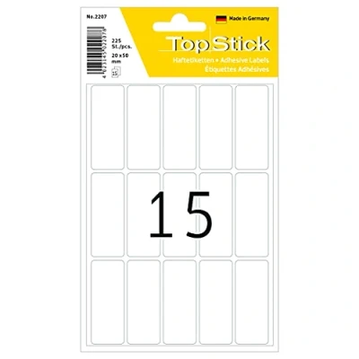 Afbeelding van TopStick 2207 225 multifunctionele etiketten 20 x 50 mm, 15 per vel, zelfklevend, mat, blanco papier wit