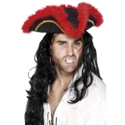 Afbeelding van Dressing Up &amp; Costumes Headwear Pirate Tricorn Hat, Red Feather