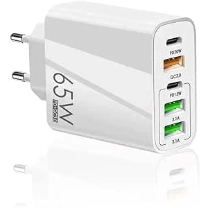 Afbeelding van Oplader USB C, 65 W, 5 poorten, aansluiting, snellader, compatibel met iPhone, multi sector PD+QC 3,1 A, type adapter voor iPhone 16 15 14 13 12 11 Pro Max X XS XR 8 Plus Mini SE, iPad, Samsung