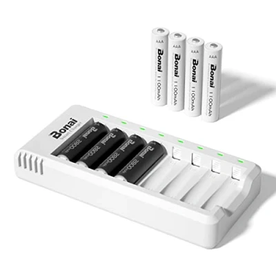 Afbeelding van BONAI Universele oplader met 8 sleuven, 4 oplaadbare batterijen AA 2800 mAh en AAA 1100 Ni MH, USB, snel opladen van