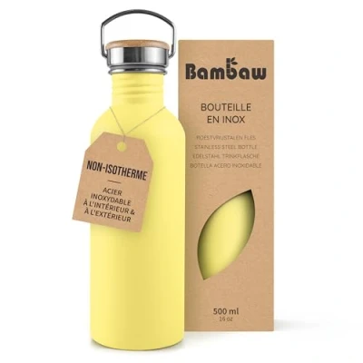 Afbeelding van Bambaw® Waterfles 500 ml Enkelwandige drinkfles RVS Niet Geïsoleerd Lekvrij, en Plasticvrij met Bamboe Dop Water Fles Perfect voor Reizen, Werk, Yoga, Wandelen Dagelijks Gebruik geel