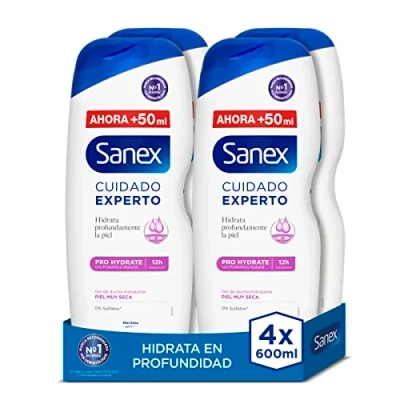 Afbeelding van Sanex Care Expert Pro Hydrate Douchegel, 4 stuks x 600 ml, formule met natuurlijke prebiotica, hydrateert de huid diep, 12 uur hydratatie, 0% sulfaat, voor een zeer droge