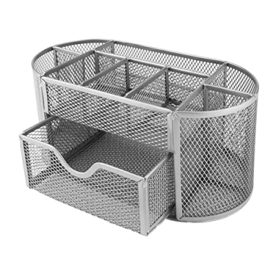 Afbeelding van pennenhouder, pennenkoker, tafel organizer van metaal, bureaulegplank met mesh. 350 x 297 275 mm, zilver