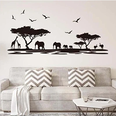 Afbeelding van ufengke Muurstickers Afrikaanse Safari Silhouet Muursticker Bomen Olifant Giraf Vogels Antelope Zwart Verwijderbare Decoratie DIY Vinyl Muurkunst Stickers voor Woonkamer, Slaapkamer