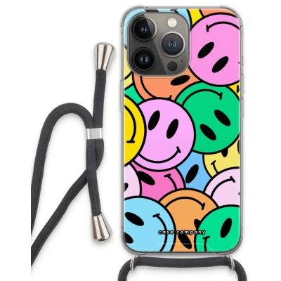 Afbeelding van Case Company® hoesje met Koord geschikt voor iPhone 13 Pro Smiley N1 Telefoonhoesje Zwart Extra Bescherming aan alle Kanten en Over de Schermrand