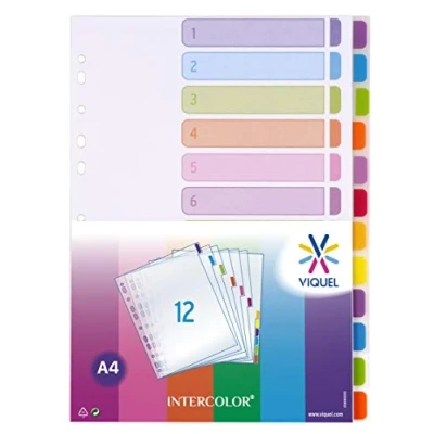 Afbeelding van Viquel Set van 12 A4 Intercolor tabbladen Kunststof voor ordners Kleurrijke