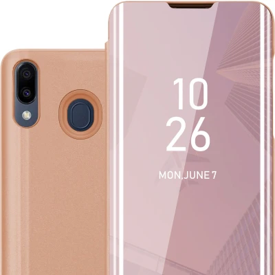 Afbeelding van Cadorabo Hoesje geschikt voor Samsung Galaxy M20 in KUNZIET ROZE Clear View Spiegel Beschermende Case met Tribunefunctie 360 Graden Bescherming Book Cover Etui