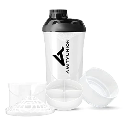 Afbeelding van AMITYUNION Eiwitshaker Deluxe 700 ml, waterdichte eiwitshaker, BPA vrij, zeef voor romige shakes met weipoeder, zwart witte fitnessbeker
