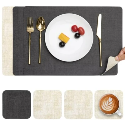 Afbeelding van Myir JUN Placemat van leer en onderzetters, 4 stuks, antislip, dubbelzijdig, kunststof, wasbaar, hittebestendig, crèmekleurig, stuks