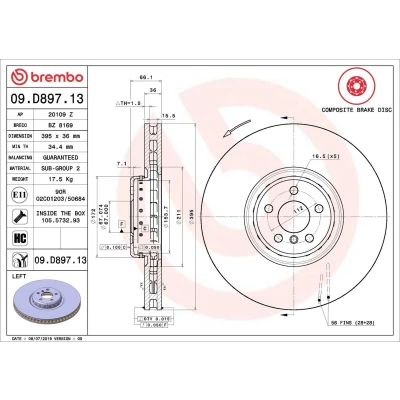Afbeelding van BREMBO 09.D897.13 remschijf 395 36 5 interne ventilatie, tweedelige Gecoat High carbon Met schroeven BMW: X5, 7, X4