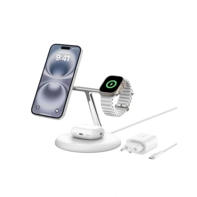 Image de Station de recharge aimantée sans fil 3 en 1 Belkin BoostCharge Pro avec Qi2 + adaptateur secteur 15 W Blanc