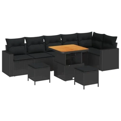 Afbeelding van vidaXL 9 delige Tuin Sofa Set met Kussens Zwart Poly Rattan Acacia