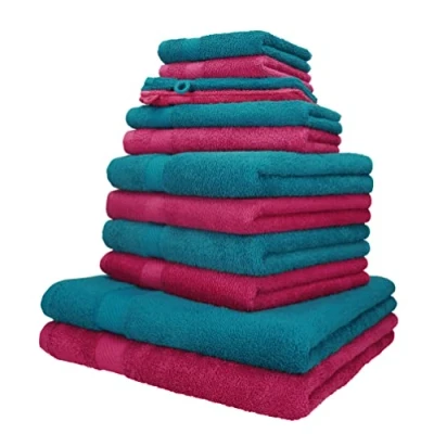 Afbeelding van handdoekenset, 100% katoen, 2 ligdoeken, 4 handdoeken, gastendoekjes, washandjes, kleur cranberry en petrol