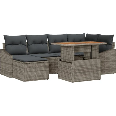 Afbeelding van vidaXL 7 Delige Tuin Eetset met Kussens Grijs Poly Riet Acacia
