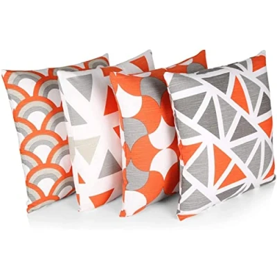 Image de Penguin Home® 100% Coton Décoration Double Face Housses Carré avec Fermeture Éclair Invisible 4 Pièce Set, 45 cm Longueur x Largeur, Mélange Orange/Gris
