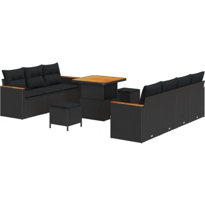 Afbeelding van vidaXL 10 Delige Tuin Sofa Set met Kussens Zwart Poly Rattan Acacia, 3 Eet Acacia