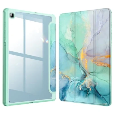 Afbeelding van FINTIE Slanke hybride hoes voor Samsung Galaxy Tab S6 Lite 10,4 inch model 2022/2020 (SM P610/P613/P615/P619) met S penhouder, schokbestendige transparante achterkant en smaragdgroen marmer