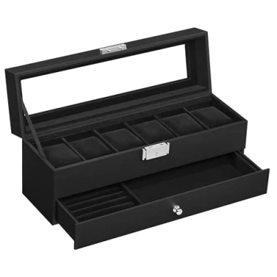 Afbeelding van SONGMICS JWB060B02 Horlogedoos met glazen deksel, 2 etages, afsluitbaar, 1 lade, voor ringen, armbanden, zwart kunstleer, zwarte voering,
