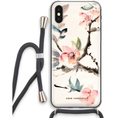 Afbeelding van Case Company® hoesje met Koord geschikt voor iPhone XS Japanse bloemen Telefoonhoesje Zwart Extra Bescherming aan alle Kanten en Over de Schermrand