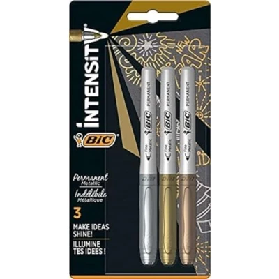 Afbeelding van BIC Intensity Metallic Permanent Markers met Kogelpunt voor Lichte en Donkere Poreuze Oppervlakken 3 Stuks Zilver, Goud Brons