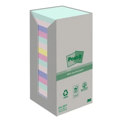Afbeelding van Post it recycled notes Nature, 100 vel, ft 76 x mm, pak van 16 blokken, geassorteerde kleuren memoblok