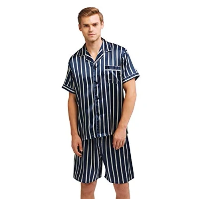 Afbeelding van Satijnen pyjama met korte mouwen en shorts voor heren, Blauwe beige strepen