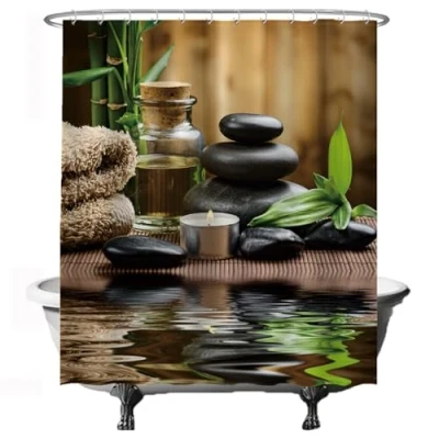 Afbeelding van Ulticool Douchegordijn Zen Spa Meditatie Rust 180 x 200 cm met 12 Ringen Wit semi Transparant anti Schimmel Bruin Groen Zwart