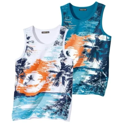 Afbeelding van ATLAS FOR MEN Set van 2 herentops mouwloze T shirts verkrijgbaar in grote maten M tot 5XL, Lichtwit, turkoois blauw
