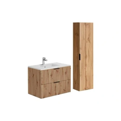 Afbeelding van Zwevend, geribbeld wastafelmeubel met inbouwwastafel en kolomkast Lichte houtlook 80 cm ZEVARA L x H 57 D 46