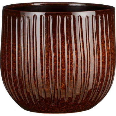 Afbeelding van Mica Decorations Plantenpot keramiek bruin glansribbels 25cm