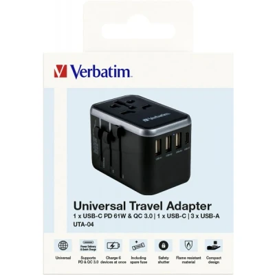 Afbeelding van Verbatim oplaadadapter, Universal Travel, UTA 04, zwart 100 250V, 3x USB Type A, 2x C, PD/QC, Retail