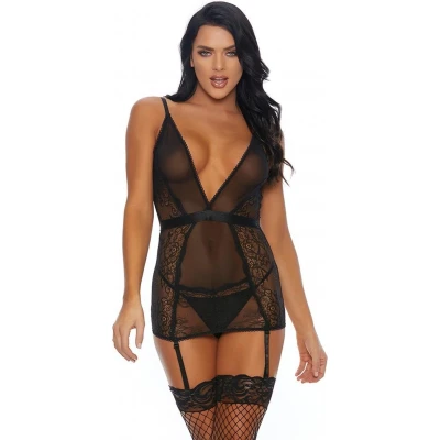 Afbeelding van A Sheer Thing Chemise with Garter Straps and Panty Black L