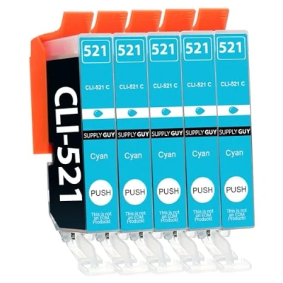 Afbeelding van 5 inktpatronen met chip, compatibel Canon CLI 521 (cyaan) voor Pixma IP3600 IP4600 X IP4700 MP540 MP550 MP560 MP620 MP630 MP640 R MP980 MP90 MX860 MX870