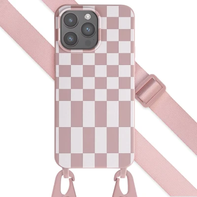 Afbeelding van iPhone 15 Pro Max hoesje met koord Selencia Siliconen design afneembaar Roze / Irregular Check Sand Pink