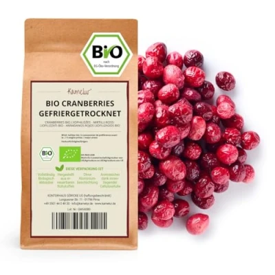Afbeelding van Kamelur 500 g gevriesdroogde biologische veenbessen zonder toegevoegde suiker, cranberry toevoegingen uit gecontroleerde teelt, in biologisch afbreekbare verpakking