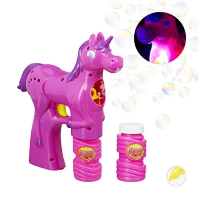 Afbeelding van Relaxdays bellenblaas pistool eenhoorn LED bellenblaasmachine batterijen unicorn roze