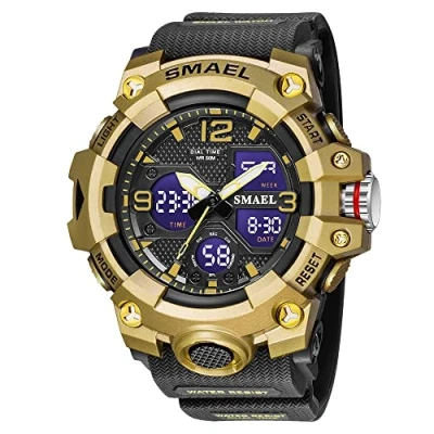 Afbeelding van AIMES Herenhorloge, waterdicht, outdoor, sport, militair, digitaal, analoog, datum, multifunctioneel, led, grote wijzerplaat, alarm en stopwatch, voor heren, C goud zwart, Riem