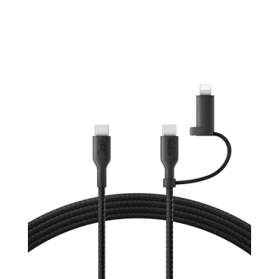 Image de Belkin BoostCharge Pro 2 in 1 Câble USB 24 pin C (M) pour C, Lightning 2.0 1.5 m chargement rapide jusqu&#039;à 60 W, 480 Mbps noir