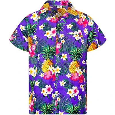 Afbeelding van King Kameha Funky Hawaïhemd voor heren, korte mouwen, voorzak, Hawaii print, ananas en bloemen, Pineapple Bloemen Paars