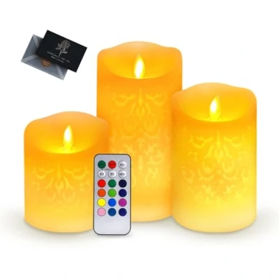 Afbeelding van UCAMP led kaarsen, set van 3, met afstandsbediening en timer, kaarsen echte was, flikkerende vlam, op batterijen, voor bruiloft, feest, Kerstmis, woondecoratie