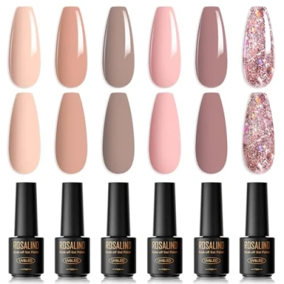 Afbeelding van ROSALIND nagellak, semi permanent, nude, 6 kleuren, mini, pastelbruin, natuur, beige, abrikoos, roze, naakt, bruin, soak off, UV, LED, gel, nagellak