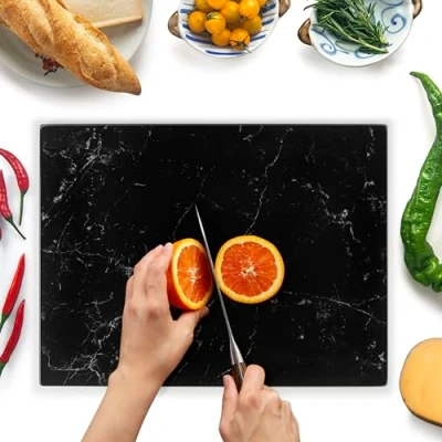 Afbeelding van Snijplank van glas, 40 x 30 cm, beschermt werkblad, hygiënisch, decoratief en hittebestendig, antislip, krasbestendig, zwart marmereffect